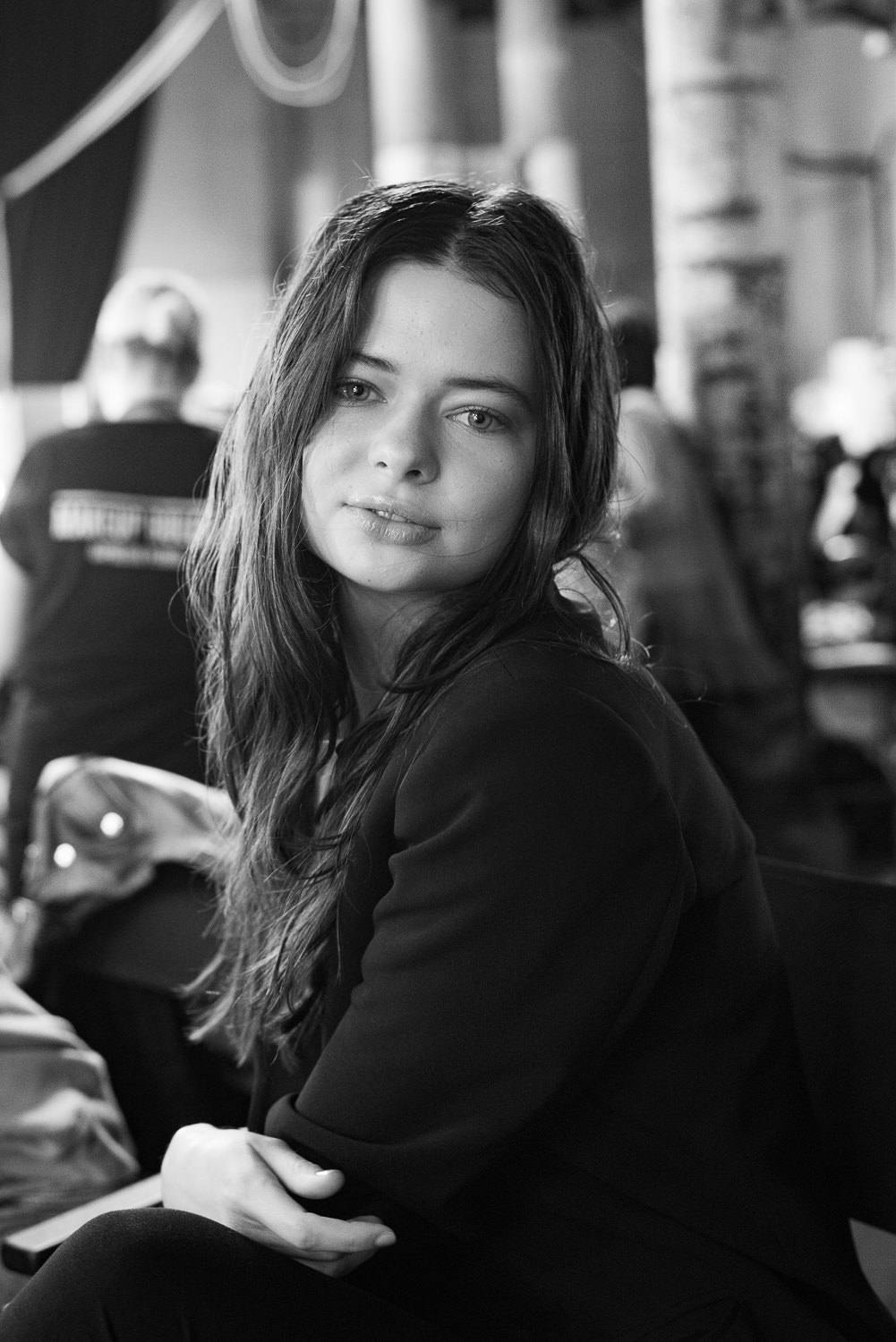 Backstage, Eliza Baker (Chadwick Models) patiently waiting to walk group Swim runway.