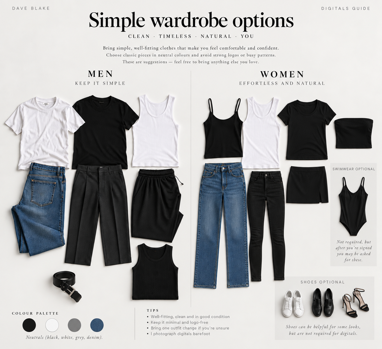 Illustrative wardrobe guide with men's neutral T-shirts, singlets and trousers on the left, and women's tops, jeans and skirt on the right, plus optional swimwear and footwear.
