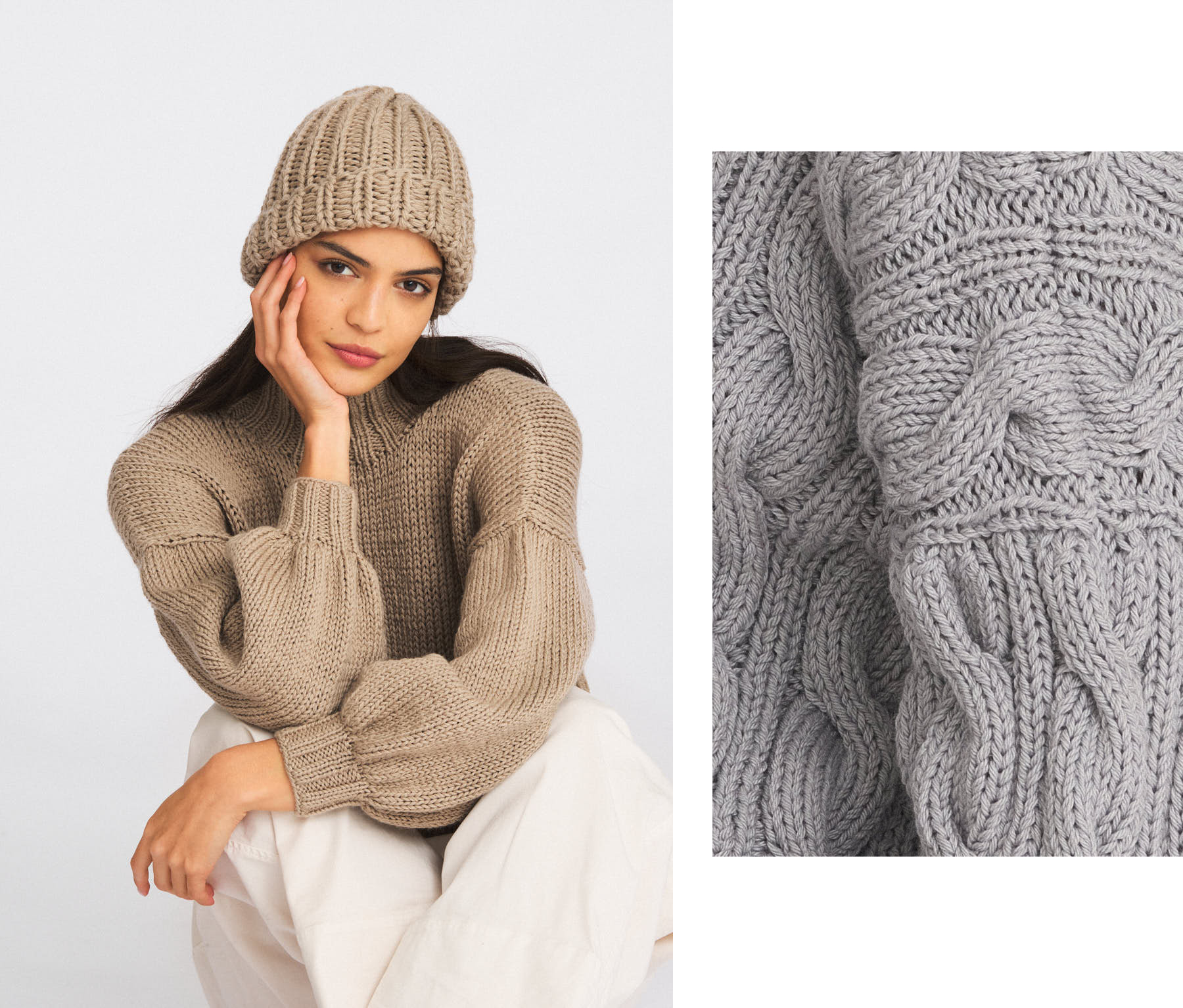 FirstBorn Knits: seated model in a taupe knit and beanie with white trousers, paired with a close-up of grey cable-knit texture