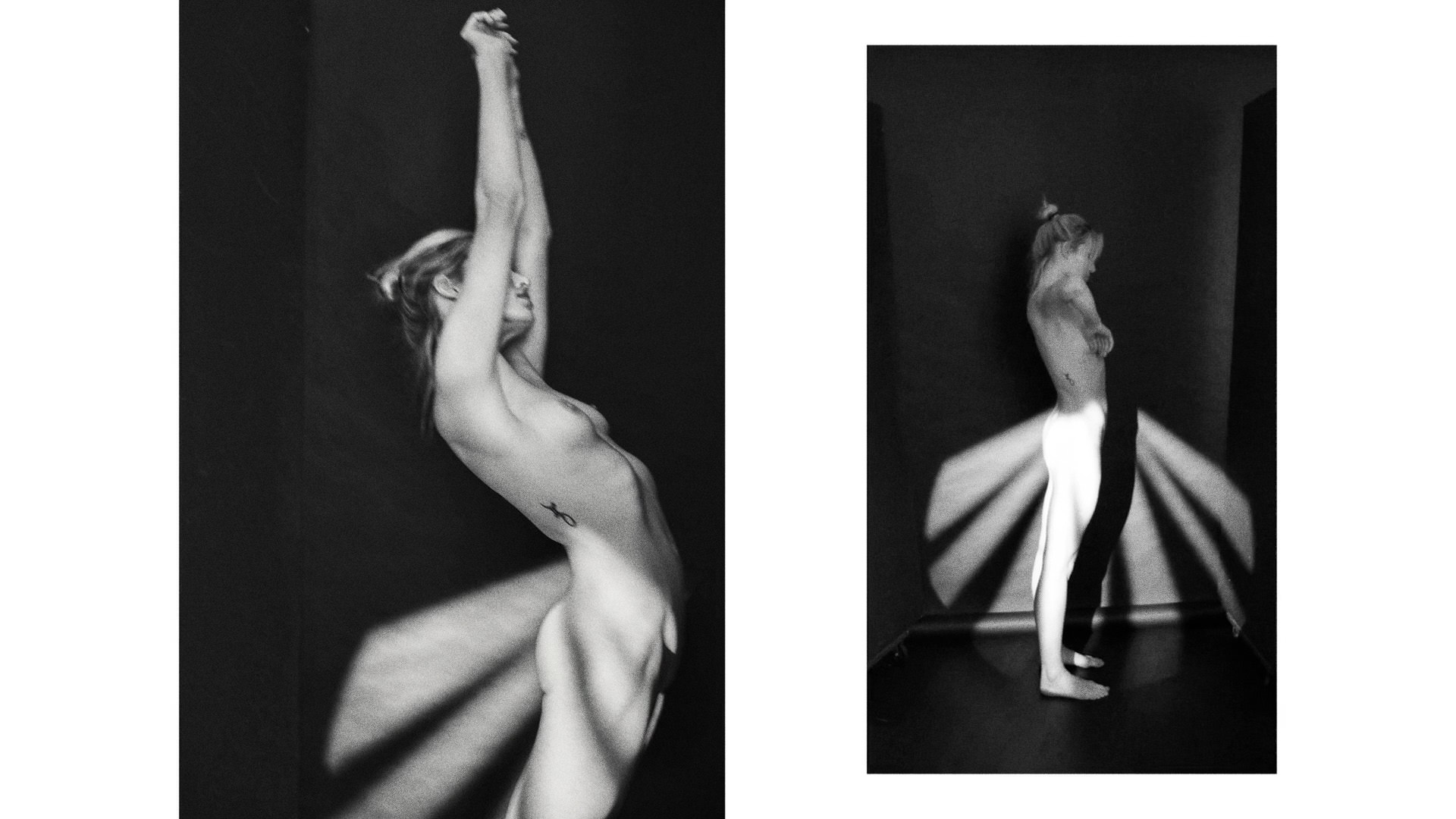 Two black-and-white frames of Lissy moving through geometric light and shadow